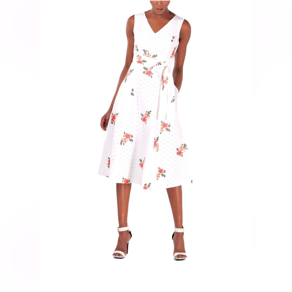 Calvin Klein Sleeveless Eyelet Fit and Flare Dress, White, Floral, Size 12, NWT